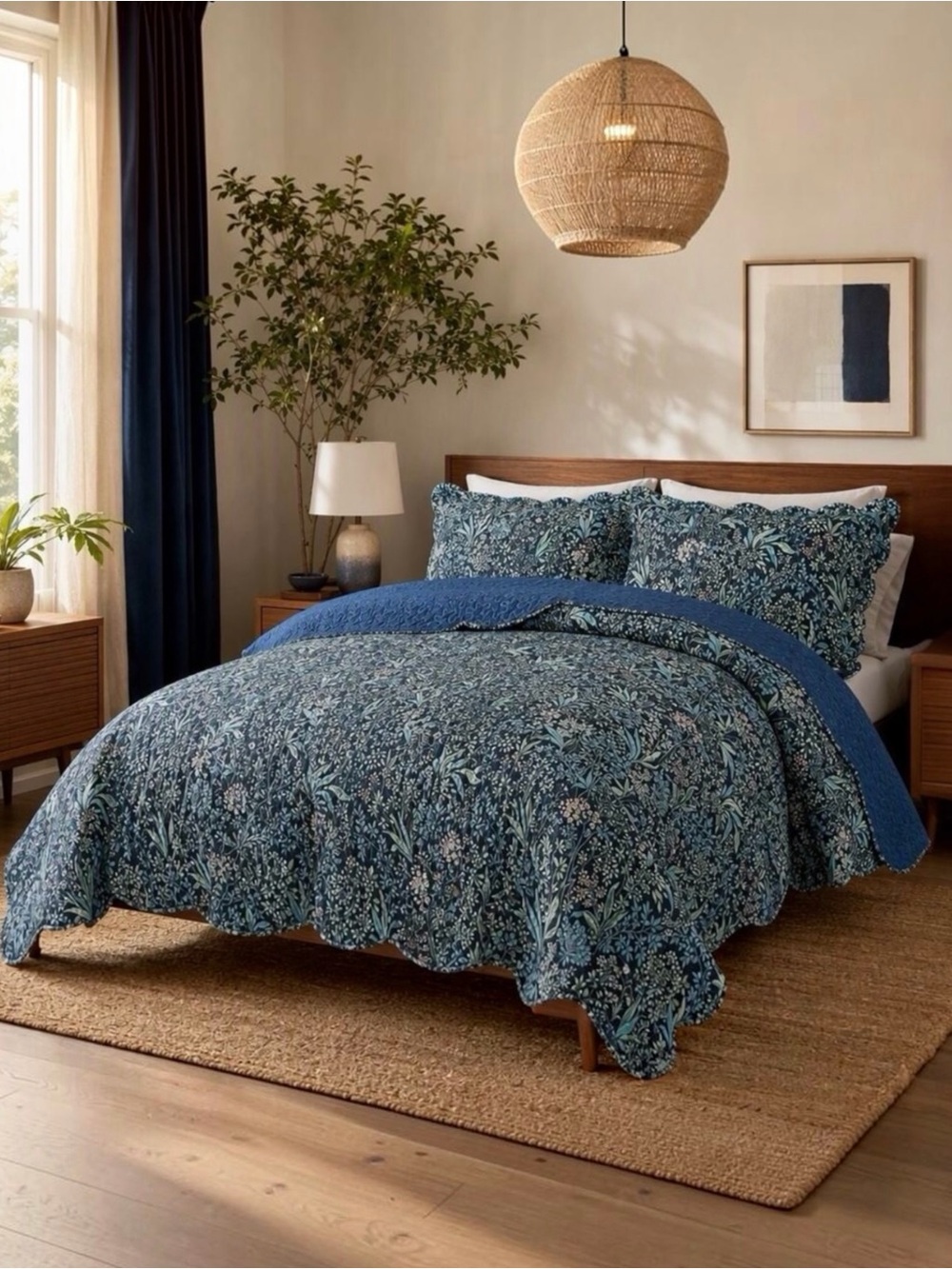NEW Anthropologie Blue Floral Stitch Queen King Quilt Bedspread Bedding Sham Set